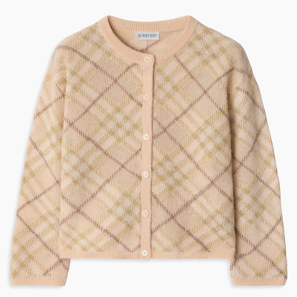 NWT Burberry Bethane Tan and Cream Plaid Cardigan Sweater 14 Y Alpaca Blend